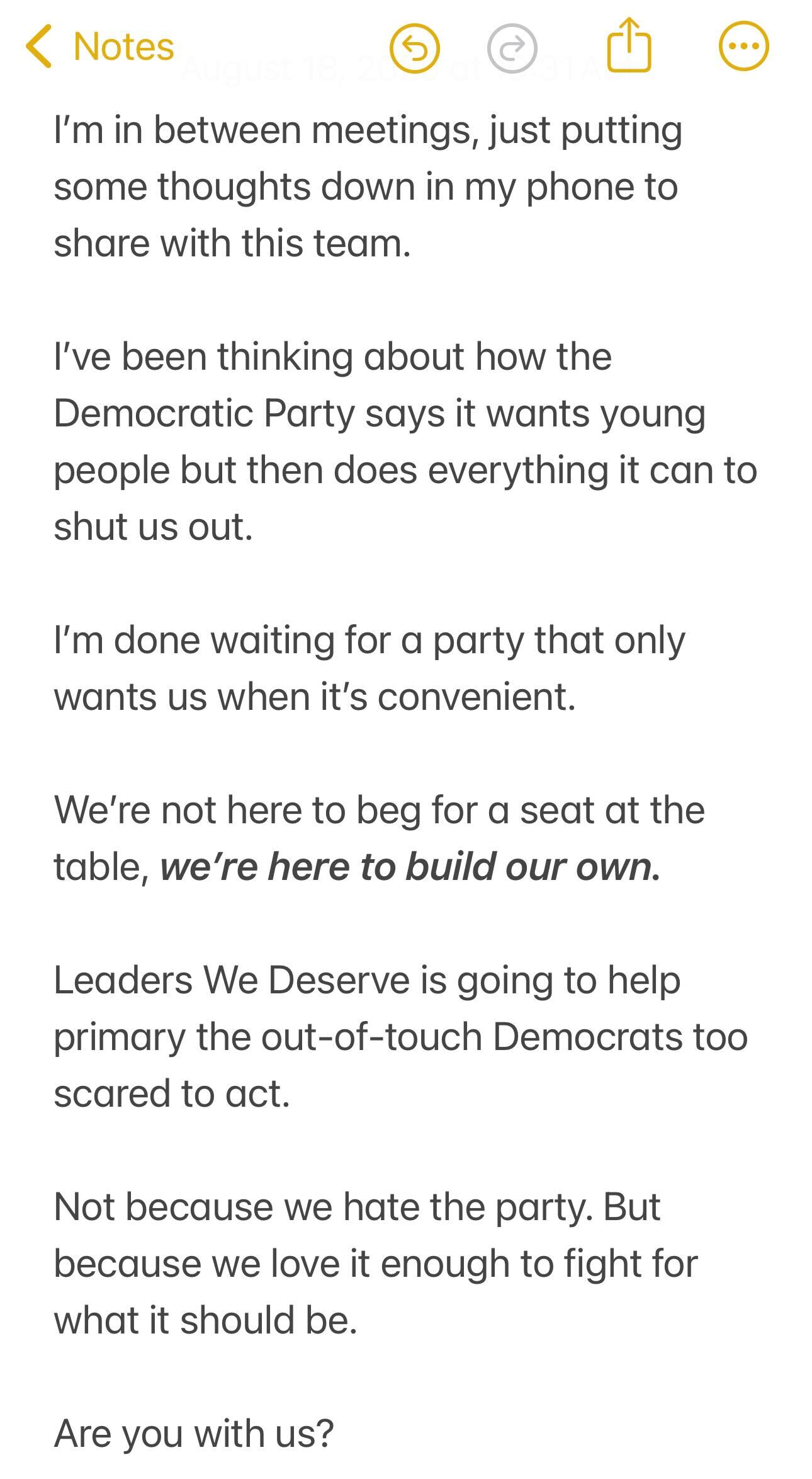 A note from David's phone about how young people aren't begging for a seat at the table, we're building our own.