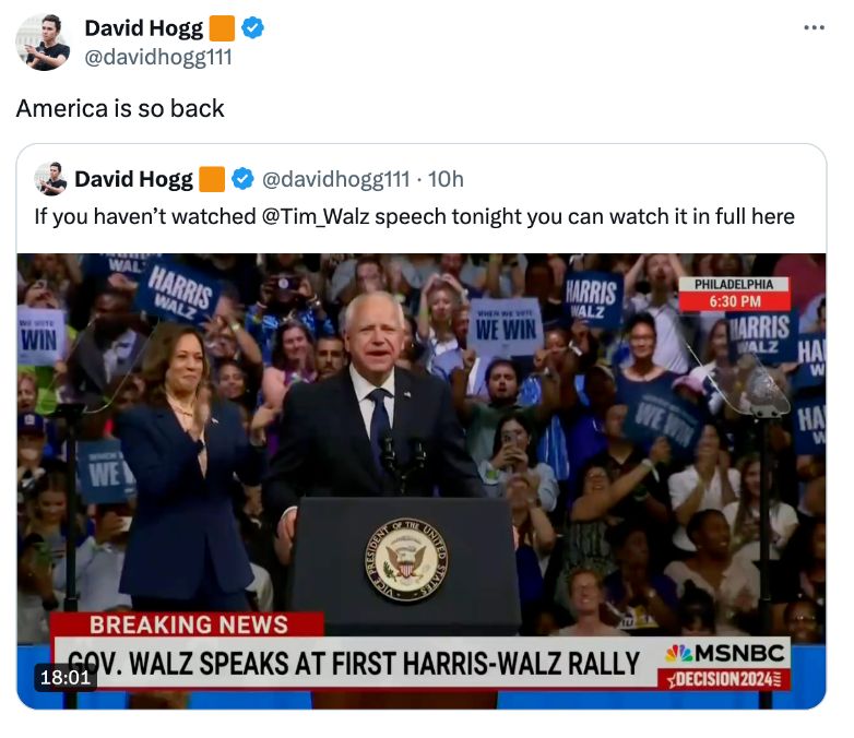 A screenshot of David's tweet claiming that "America is back!"