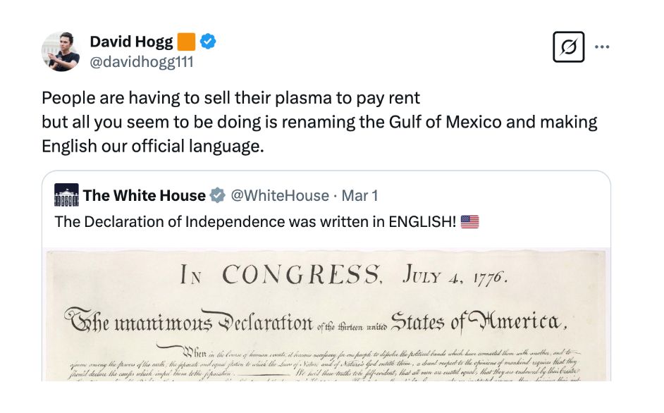 A screenshot of a tweet from David calling out the White House for their distractions that are hiding the true nature of Trump's sinister agenda.