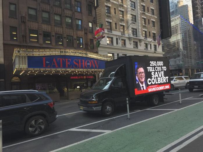 Save Colbert Billboard Truck outside CBS