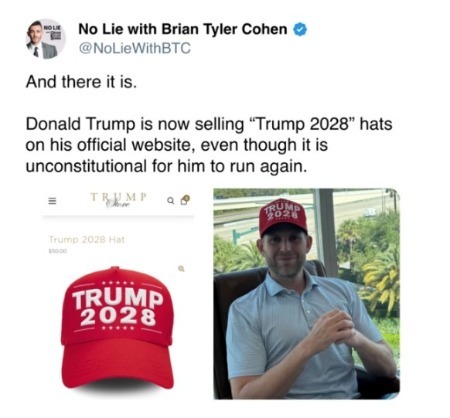 A screenshot of a tweet showing how Donald Trump is selling 2028 merchandise even though he legally cannot run for a third presidential term.